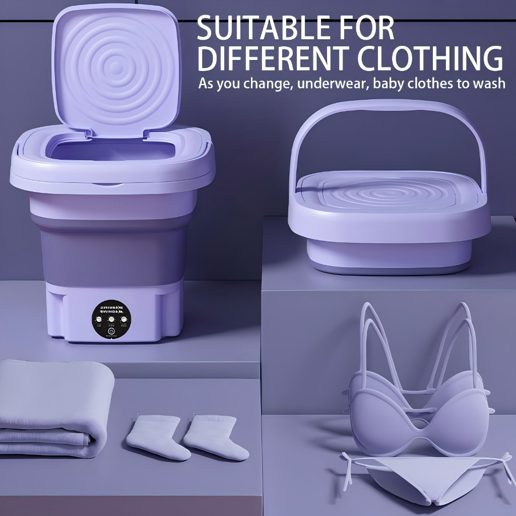 Mini máquina de lavar roupa dobrável, leve e portátil; uma máquina de lavar roupa moderna e totalmente automática.