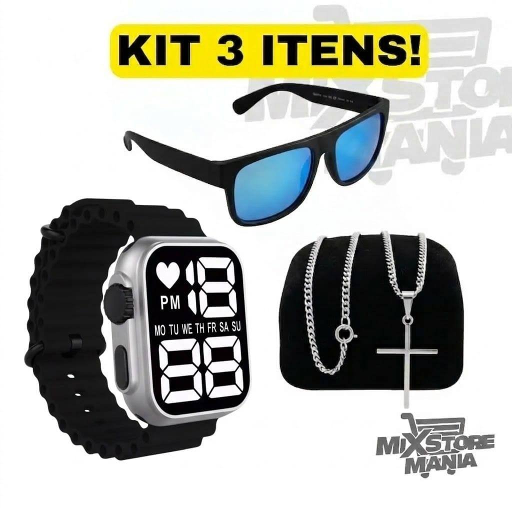 Kit Relógio Digital LED Masculino + Óculos de Sol Premium + Corrente com Pingente | Combo Esportivo Presente em Oferta na Shopee