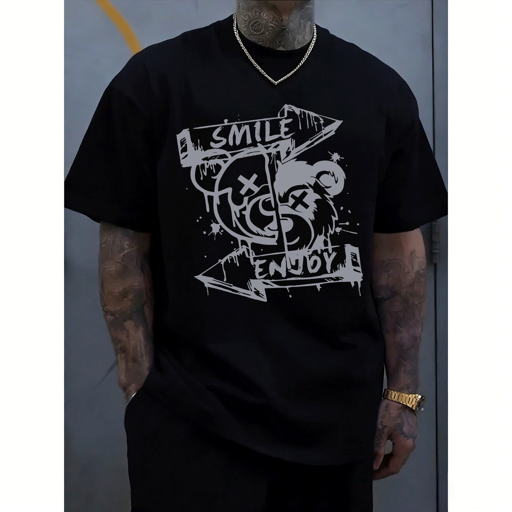 [Camiseta Premium em Algodão Puro]GXG Camiseta Masculina Adulto Estampa Smile Enjoy Estilo Grunge Cor Cinza