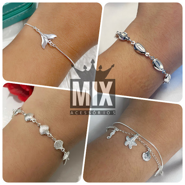 Mix de Pulseiras Folheadas à Prata Tartaruga Sereia Mar Búzios Praia – Escolha 1 ou Kit com 4 Pulseiras