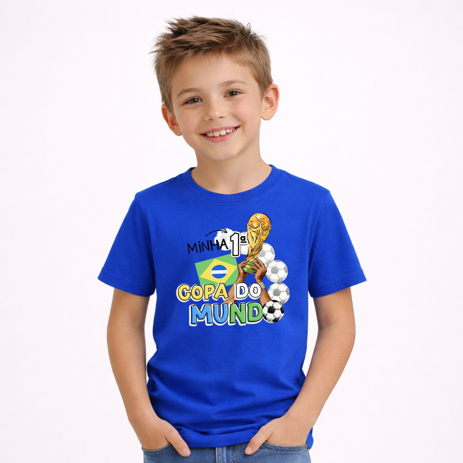 Camiseta Infantil Minha Primeira Copa do Mundo Futebol Brasil Blusa Confortável
