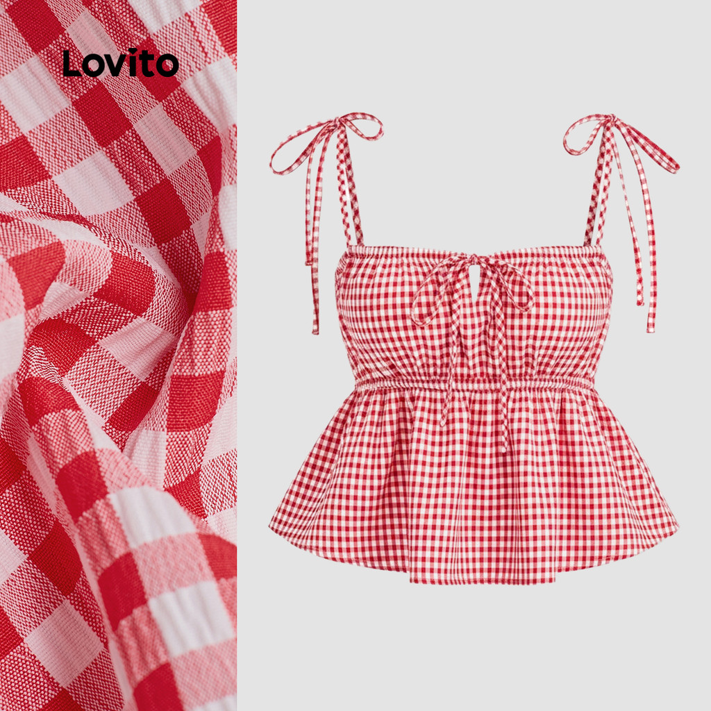 Lovito Casual Top Lace Up Drawstring Primavera/verão Vermelho Branco Top para Mulheres L177ED226 em Oferta na Shopee