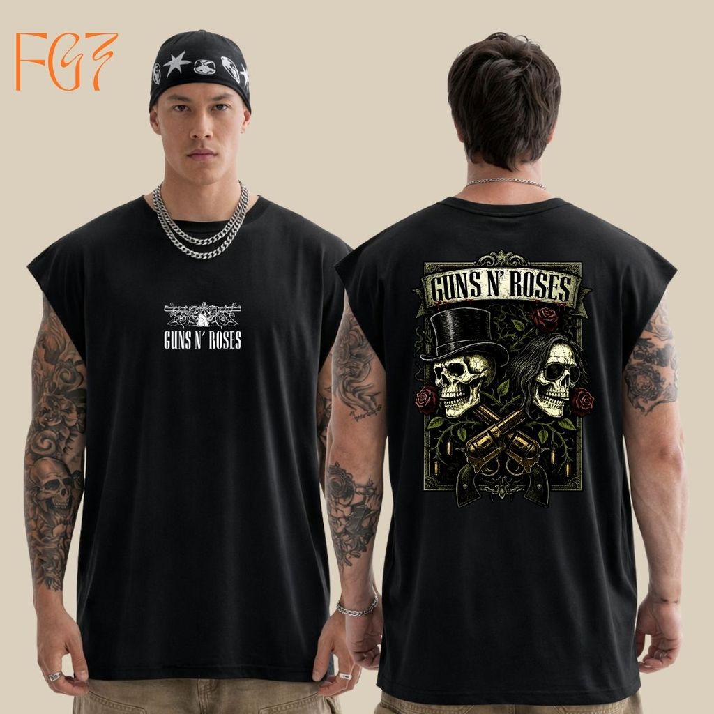 Regata Oversized Caveiras Guns Roses N Roll Cartola Revólveres Rosas Rock Hard Música Clássica Heavy Metal Show Tour
