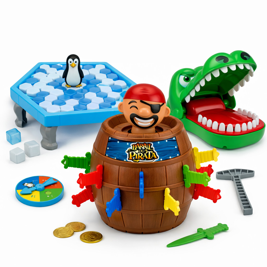 Kit 3 Jogos Brinquedo Crocodilo Morde Dedo + Pula Pirata + Quebra Gelo Pinguim Infantil