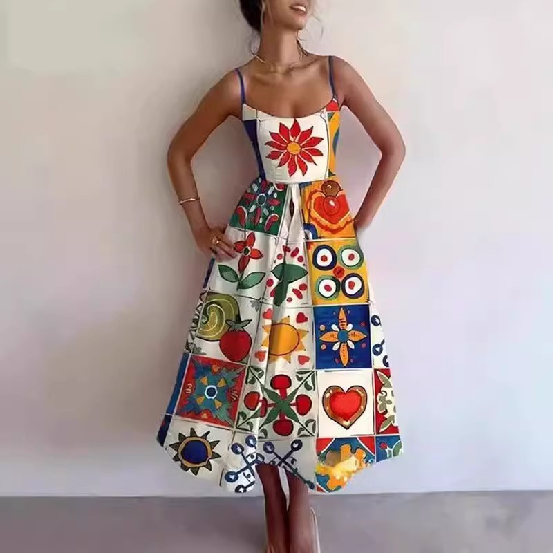 Vestido vestido vestido2025 moda feminina estampada plissada cintura estreita vestido grande com alça oscilante