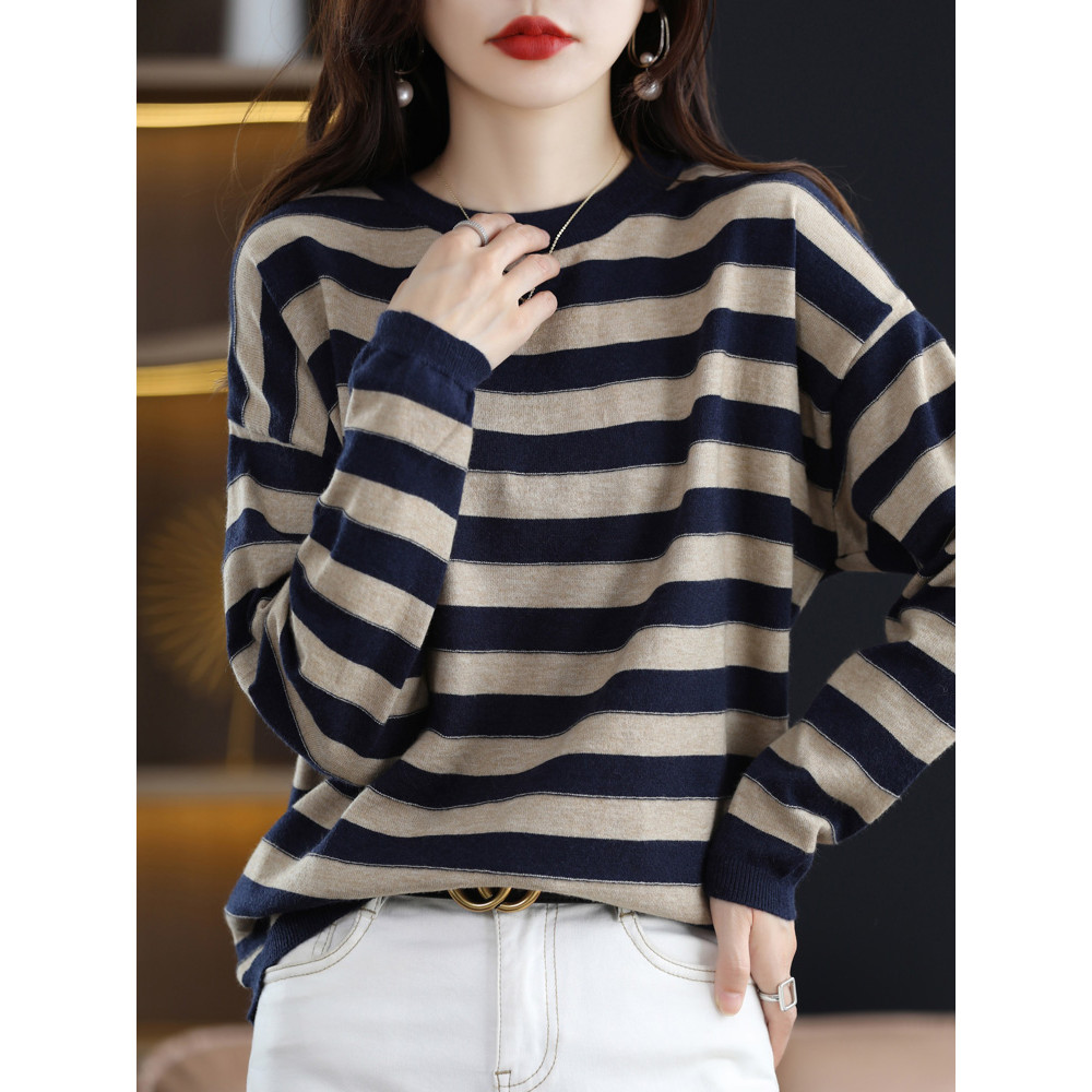 Listrado de malha de manga comprida camiseta feminina 2026 primavera outono novo estilo moda Casual estilo ocidental sen