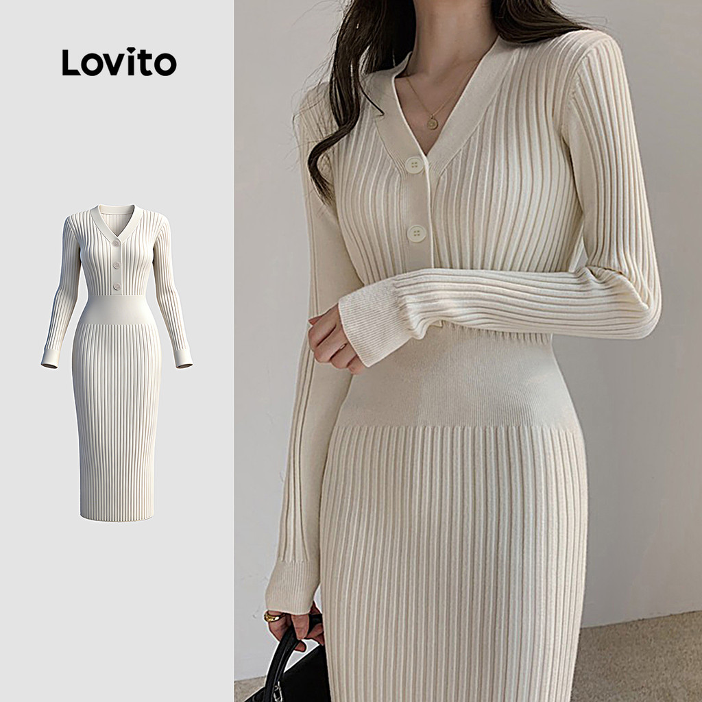 Lovito  Vestido Suéter Elegante Botão Lazer Simples Outono/inverno Damas Suéter Damasco LNA130033