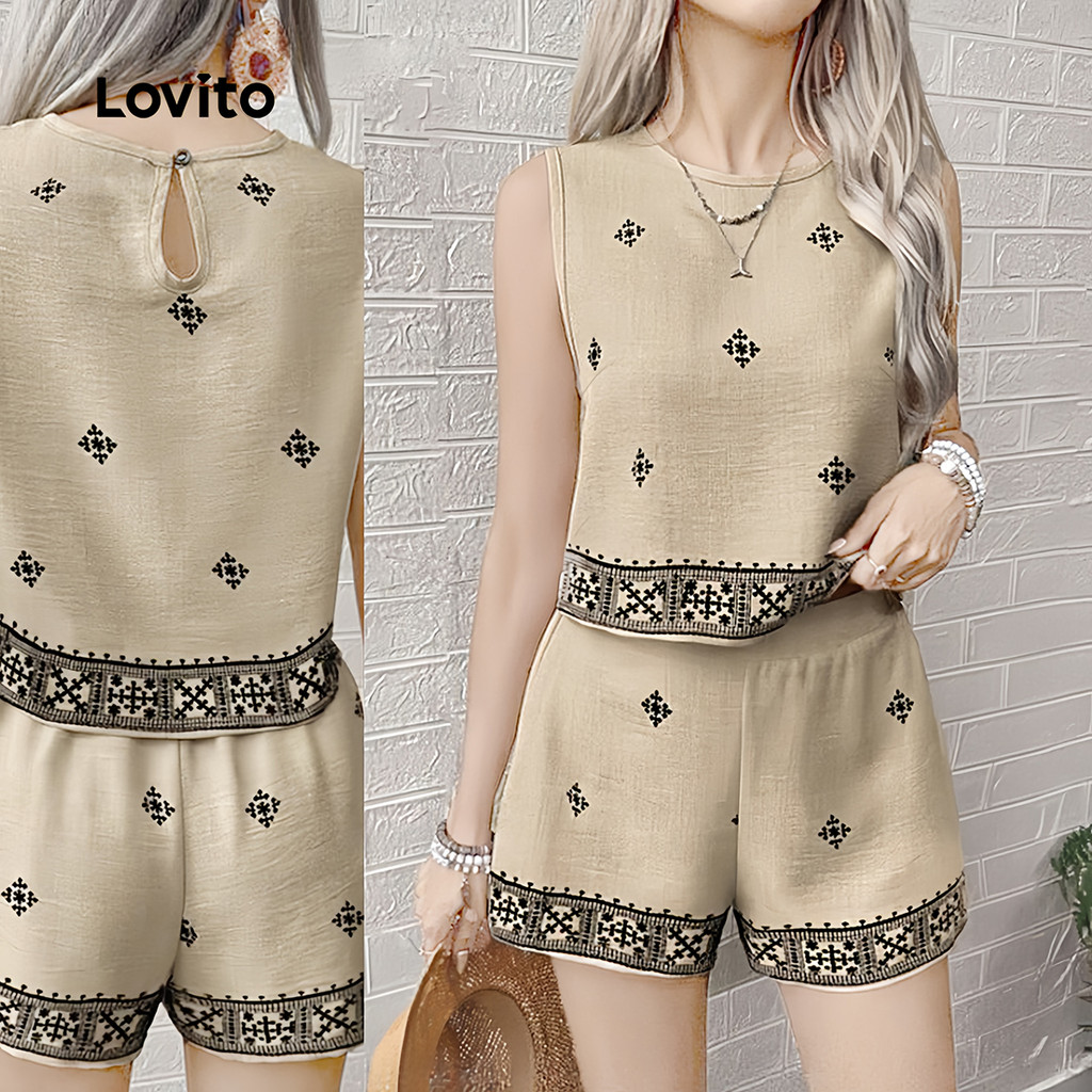 Lovito Tops ou calças casuais estilo nacional lazer cáqui terno tops ou calças para mulheres LK3AD1126 em Oferta na Shopee