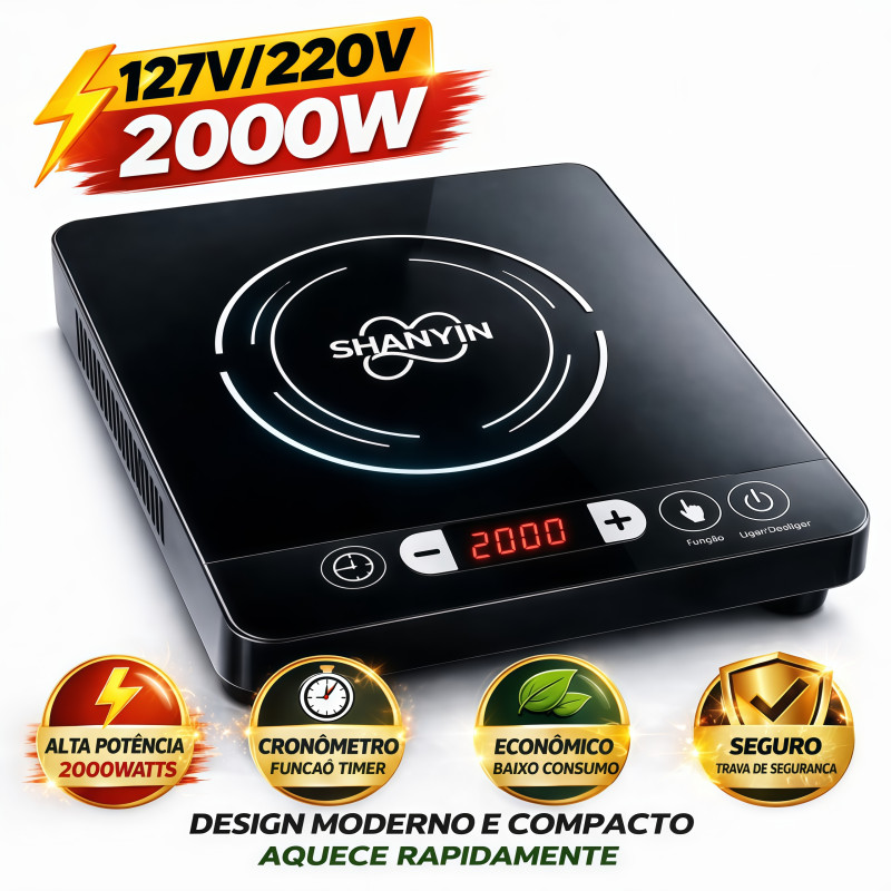 Cooktop de Indução 1 Boca Portátil 2000W Touch com Timer 127V/220V