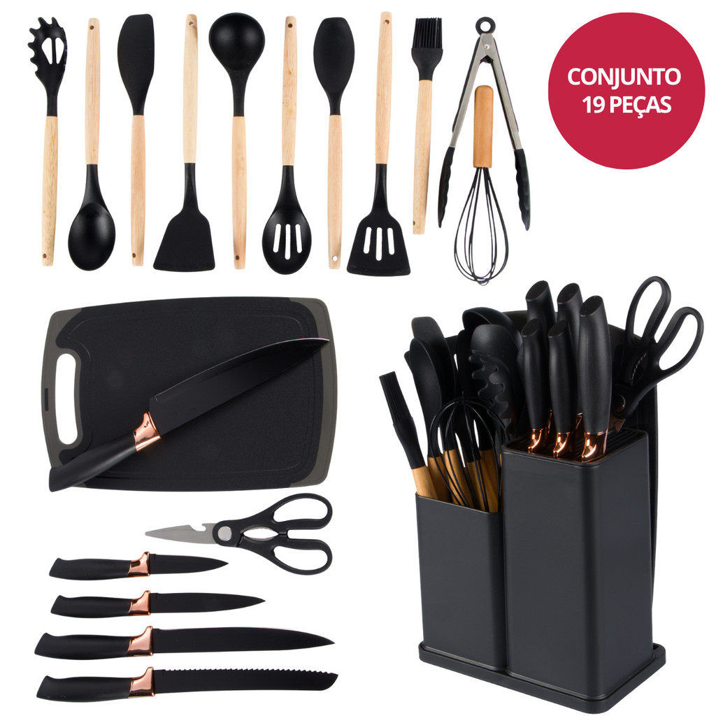 Kit Utensílios de Cozinha Silicone 19 Peças Preto Thika em Oferta na Shopee