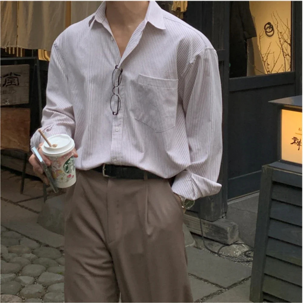 Camisa Listrada De Nicho Masculina De Grandes Dimensões , Casaco De Manga Comprida Combinando Com Moda Primavera E Outon