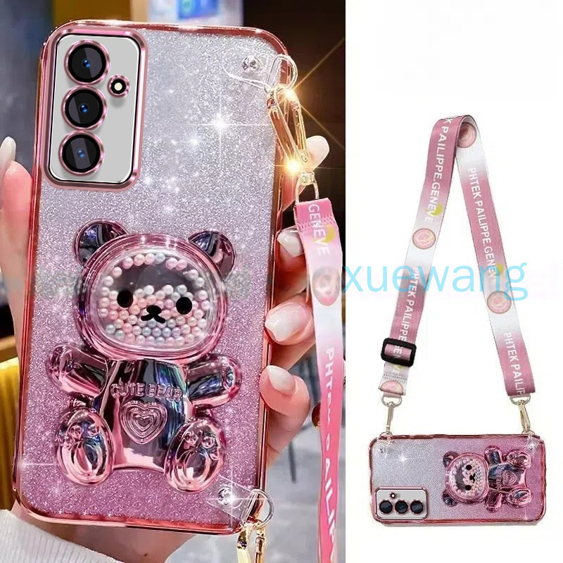 Capa Para Samsung Galaxy A05S A56 A55 A17 A36 A26 A24 A23 C55 M55 5G Estilo Cordão De Pulso Longo Com Suporte De Urso De