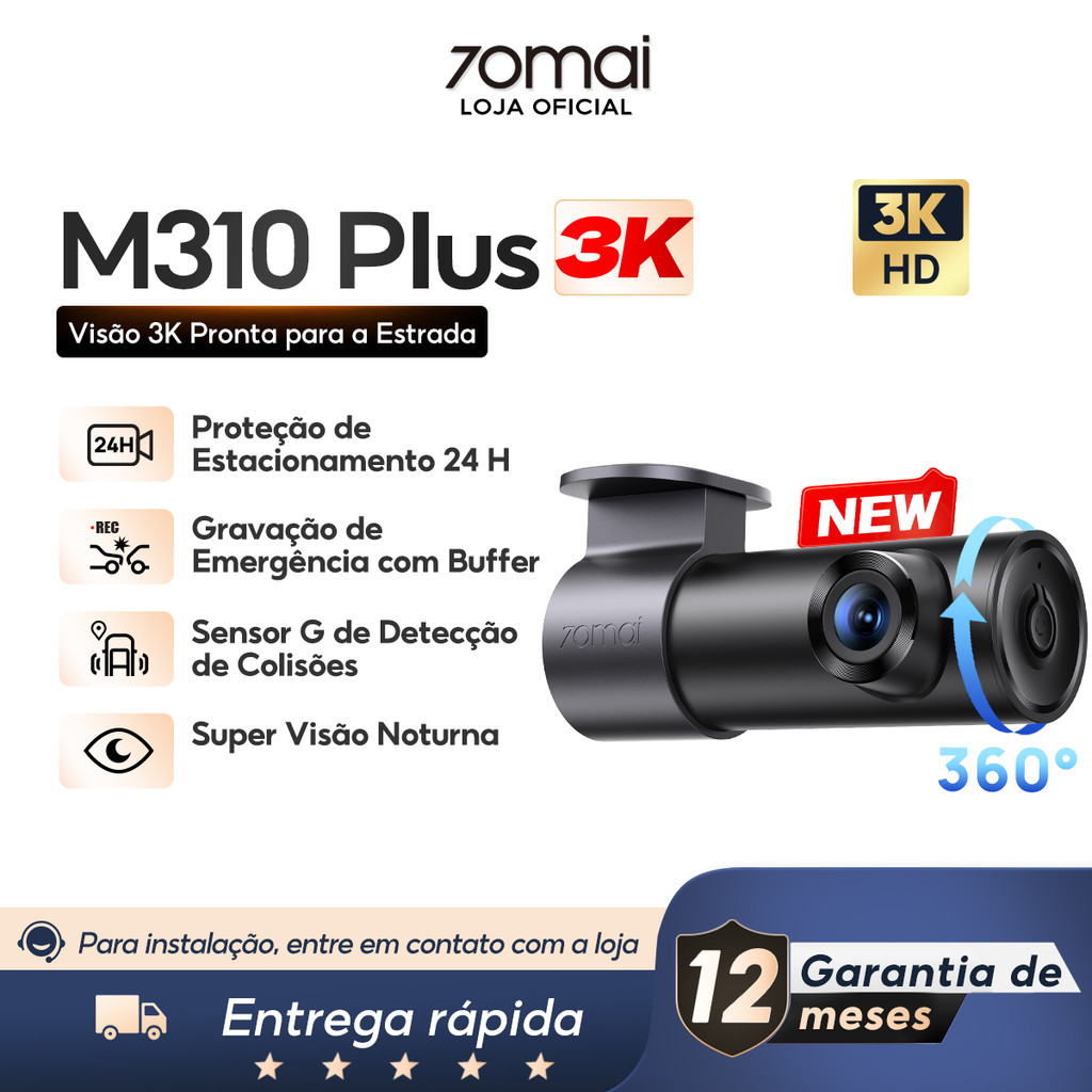 Câmera Veicular 70mai M310 Plus 3k 1620P Wdr F1.55 App Wi-Fi 360° 24h Super Visão Noturna Sensor G