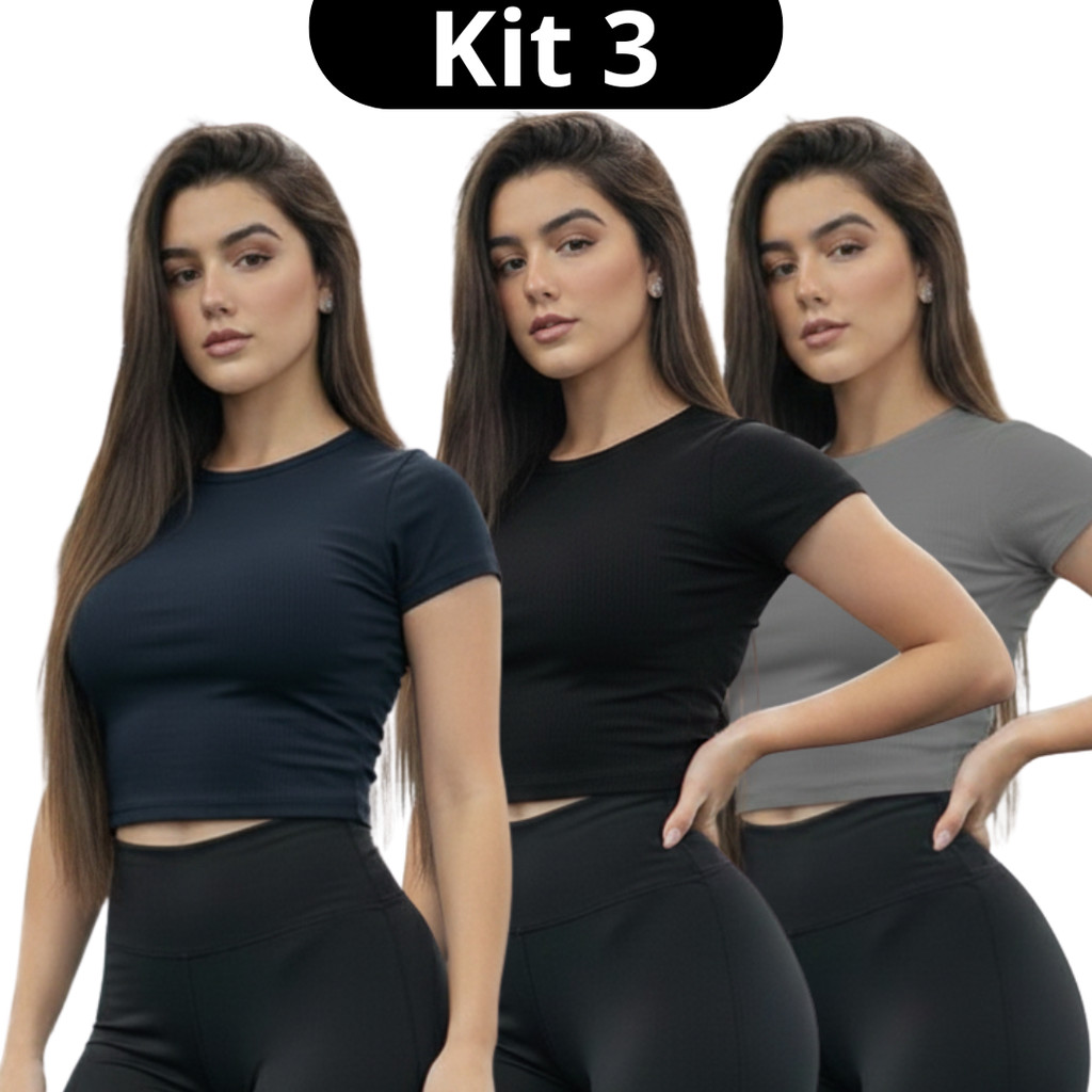 KIT 3: Baby Tee Feminina - verão academia suplex  blusa slim fit manga curta