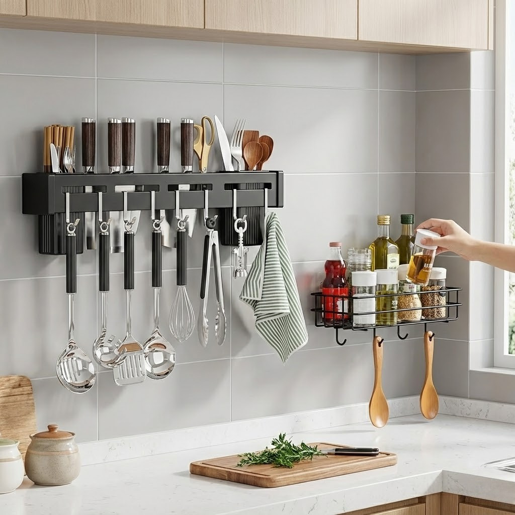 Kit 2 Organizadores Cozinha Preto Fosco Suporte Facas Utensílios 50cm + Prateleira Grade Adesiva