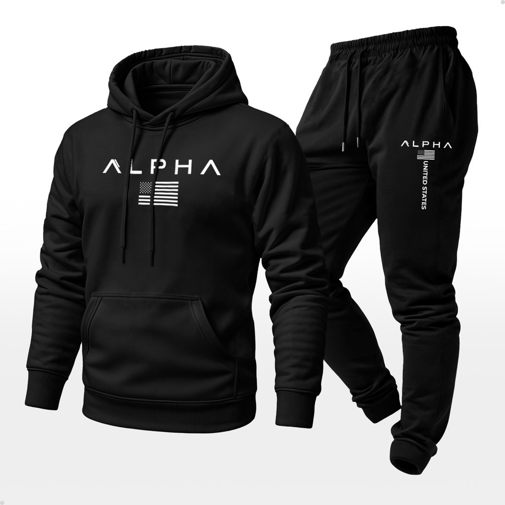 Conjunto Moletom Unissex Estampado Alpha USA Calça e Blusa Com Capuz Bolso Canguru