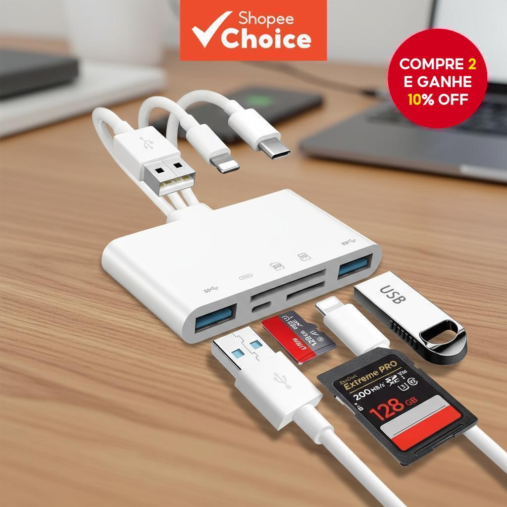 Adaptador OTG USB para iPhone e iPad, leitor de cartão de memória 5 em 1, compatível com USB C, USB A e Micro SD.
