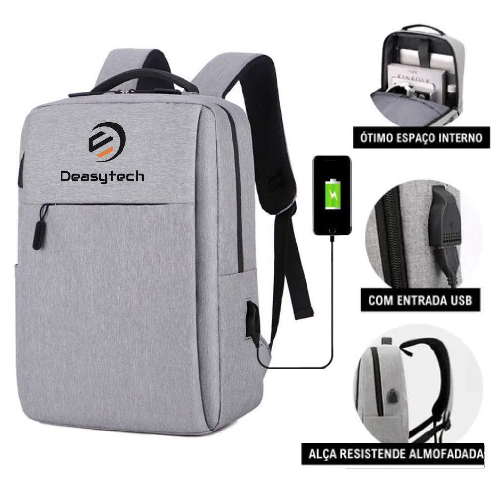 Mochila para Notebook Slim Impermeável com Entrada USB e Alças Almofadadas Cinza