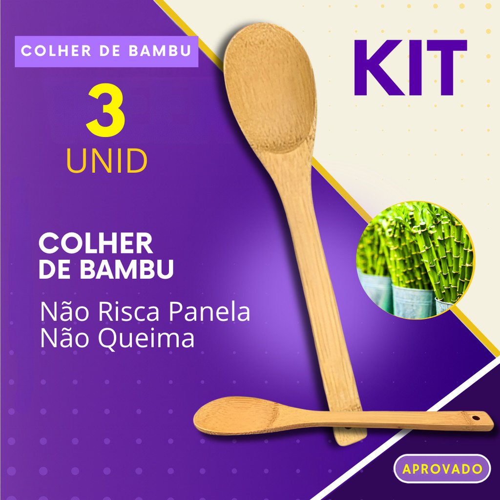 Jogo Colher De Bambu Kit 1, 2 ou 3 Peças 30cm Madeira Bamboo Pau Cozinha Multiuso
