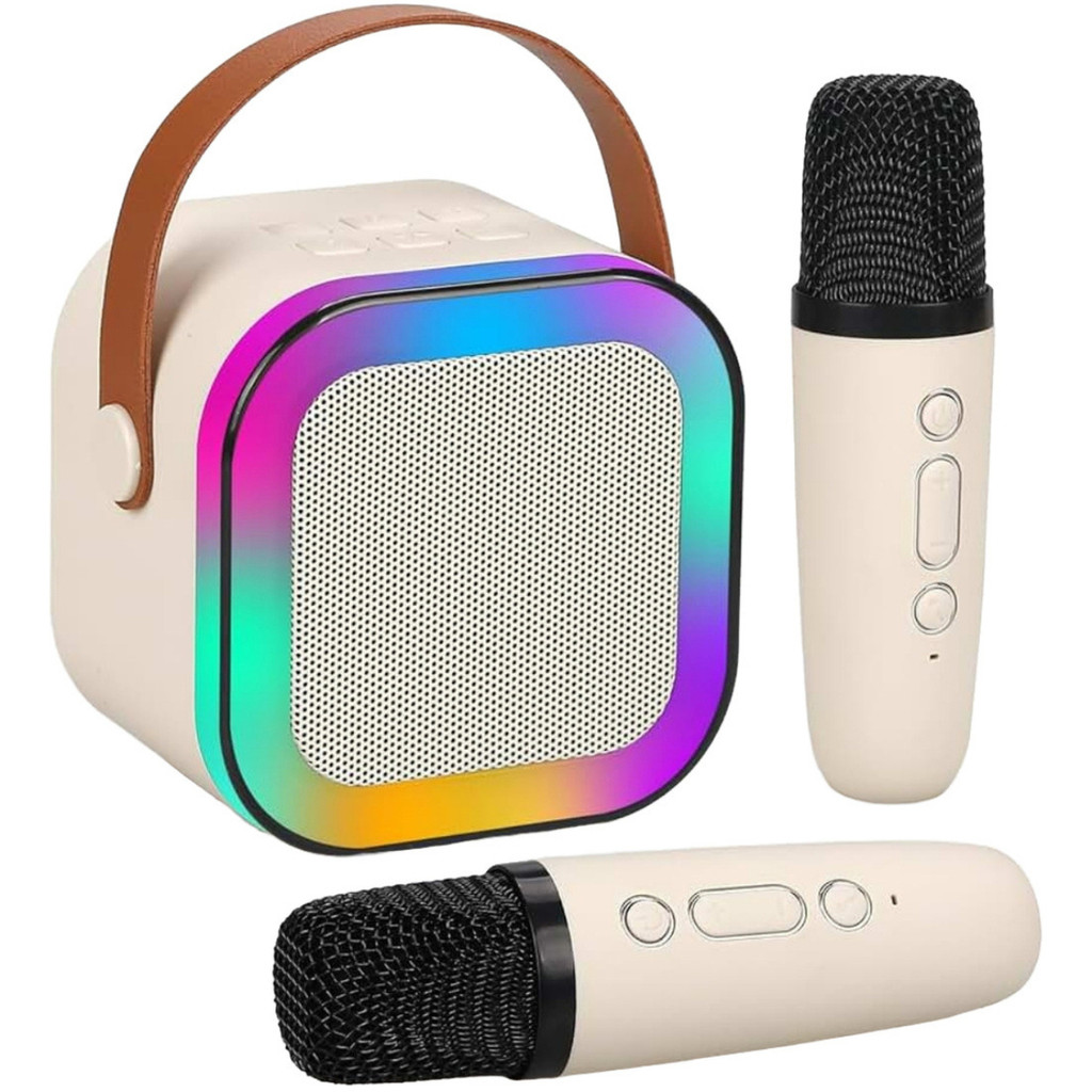 Caixinha Som Karaokê 2 Microfones Bluetooth Infantil Adulto Cor Bege