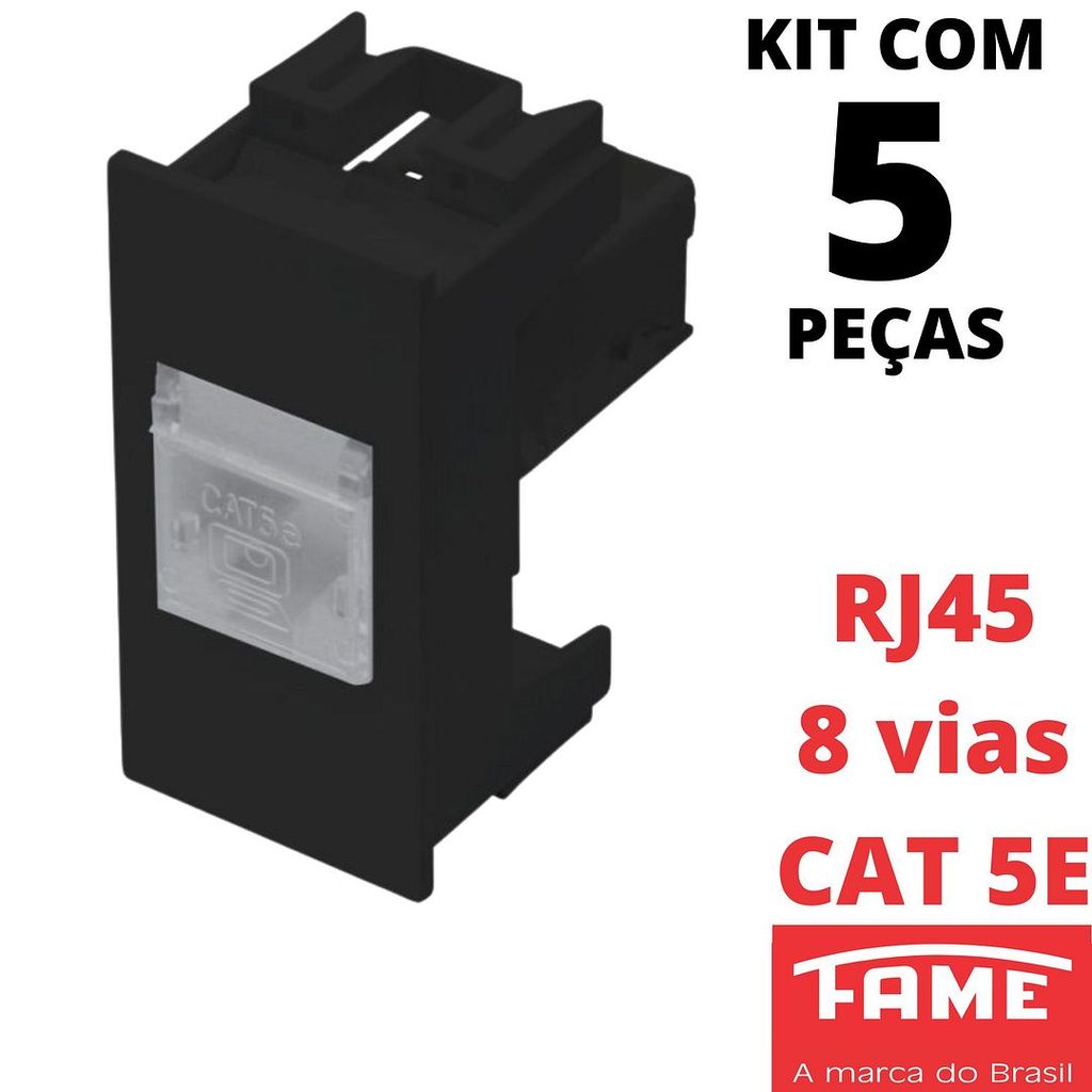 5un Módulo Tomada Rede de Informatica RJ45 CAT 5E 8 Vias Habitat Black Preto FAME