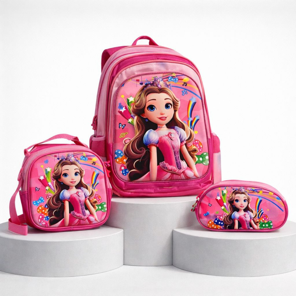 Mochila Infantil Menina 3D Com Rodinha Kit Com Lancheira + Estojo