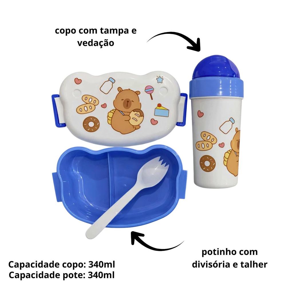 Kit Lanche Capivara Pote Divisória + Talher + Copo Canudo Azul Rosa Lilás