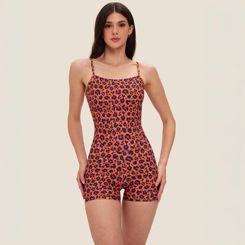 Macaquinho Basics Estampa Onça Coral Poliamida Com Bojo