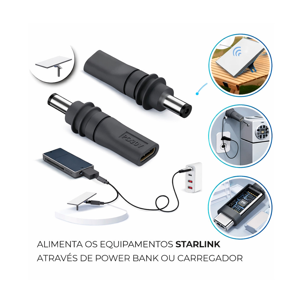 Adaptador USB-C Starlink Mini 100W à Prova D'água Power Bank