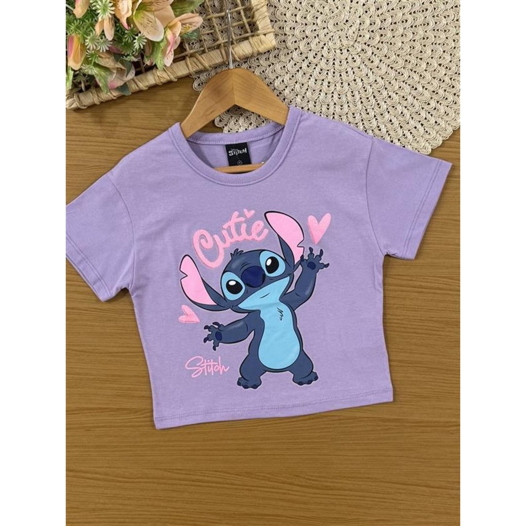 Blusa Infantil Menina Brandili Verão Lilás Stitch Cutie Disney