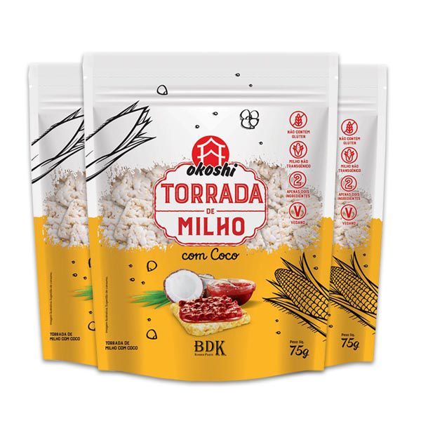 Kit Torrada de Milho com Coco Sem Glúten, Vegano Okoshi - 3 pacotes de 75g