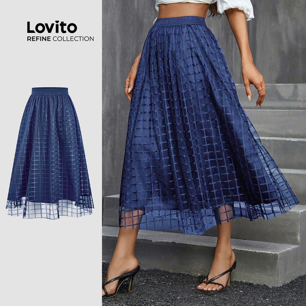 (Lovito Refine) Saias Elegantes Contraste Malha Primavera/verão Saias Azul Marinho para Mulheres LR26L068 em Oferta na Shopee