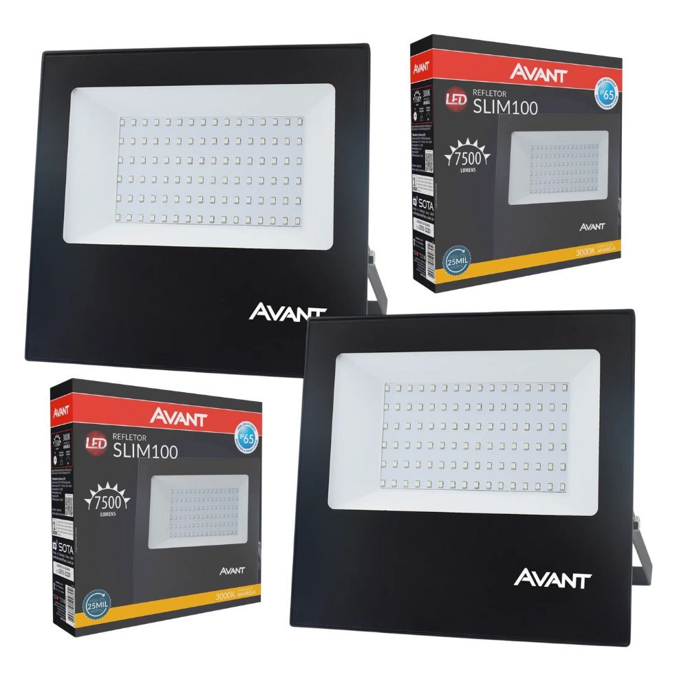 2 Refletor Led A Prova D'água Bivolt 100w Luz Amarela 3000k 7500 Lúmens Casa Comércio Avant em Oferta na Shopee