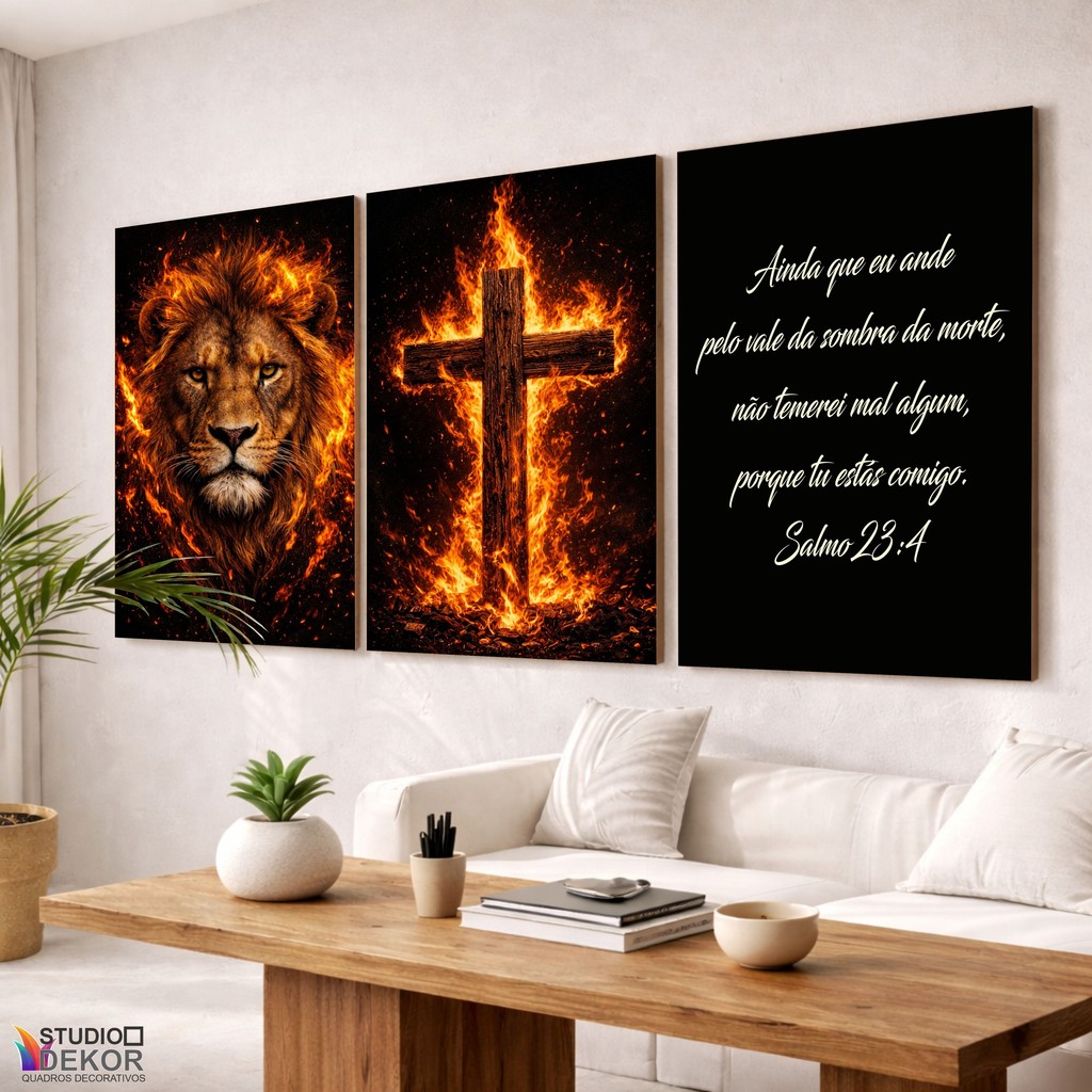 Quadro Decorativo Sala Leão Cruz Flamejante Frase Bíblica Motivacional religioso moderno luxo