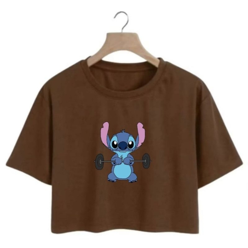 Cropped Feminino Stitch Algodão Estampado Confortável Academia Manga Curta