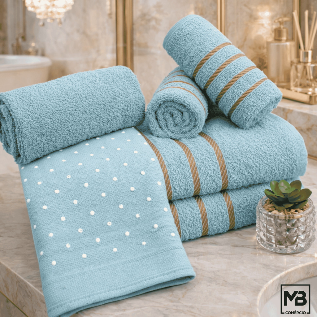 Jogo de Toalhas 5 Peças – 2 Banho + 2 Rosto + 1 Tapete/Piso Antiderrapante 100% Algodão