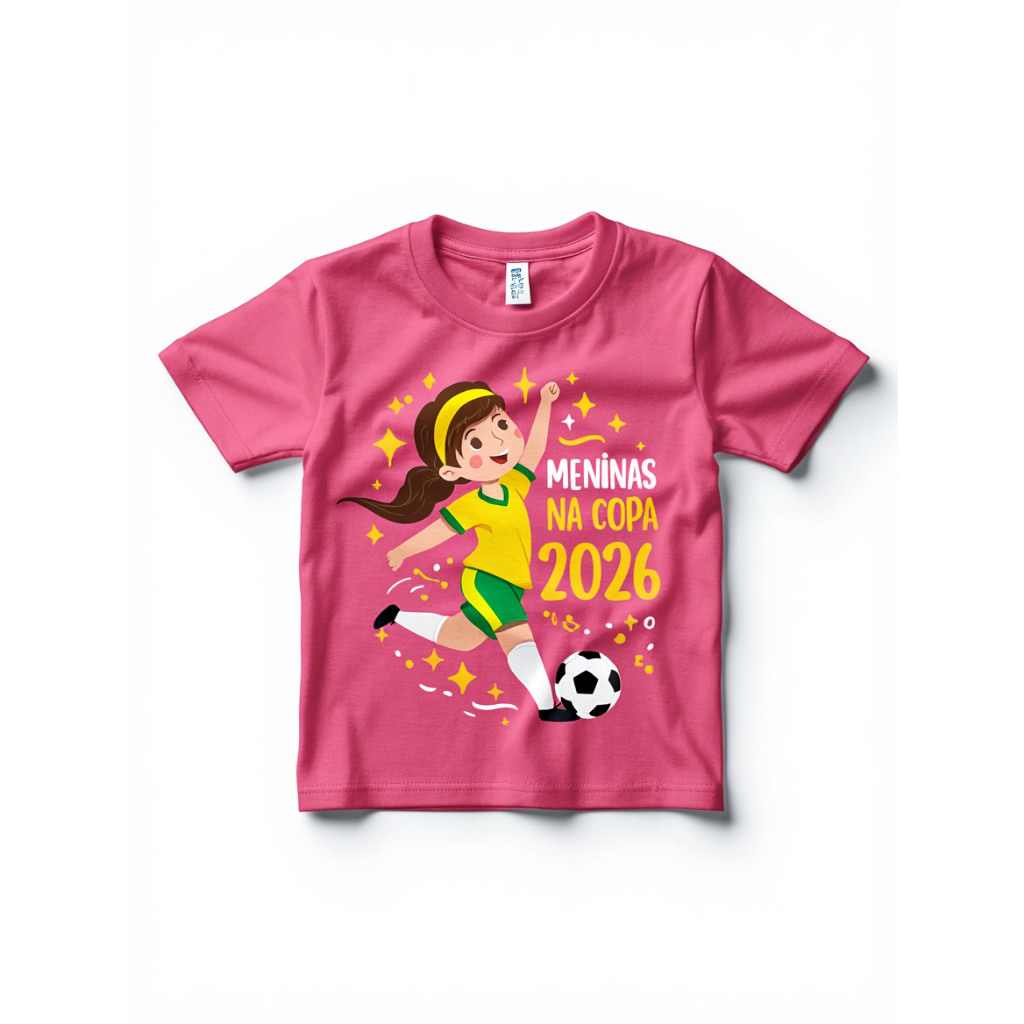 Camiseta Infantil Menina Brasil Copa do mundo Amarelo Rosa Futebol Jogadora
