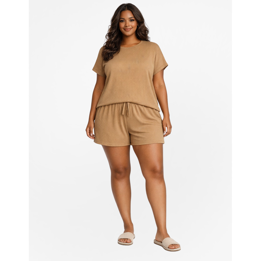 Conjunto Feminino Plus Size Canelado Confortavel Shorts E Blusa Para O Dia A Dia Leve Soltinho
