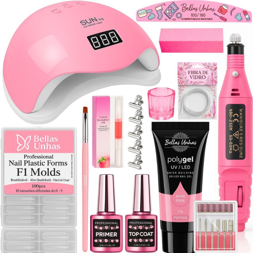 Kit Polygel Poligel Alongamento Unhas Manicure Completo + Cabine Sun + Motorzinho Unhas Profissional