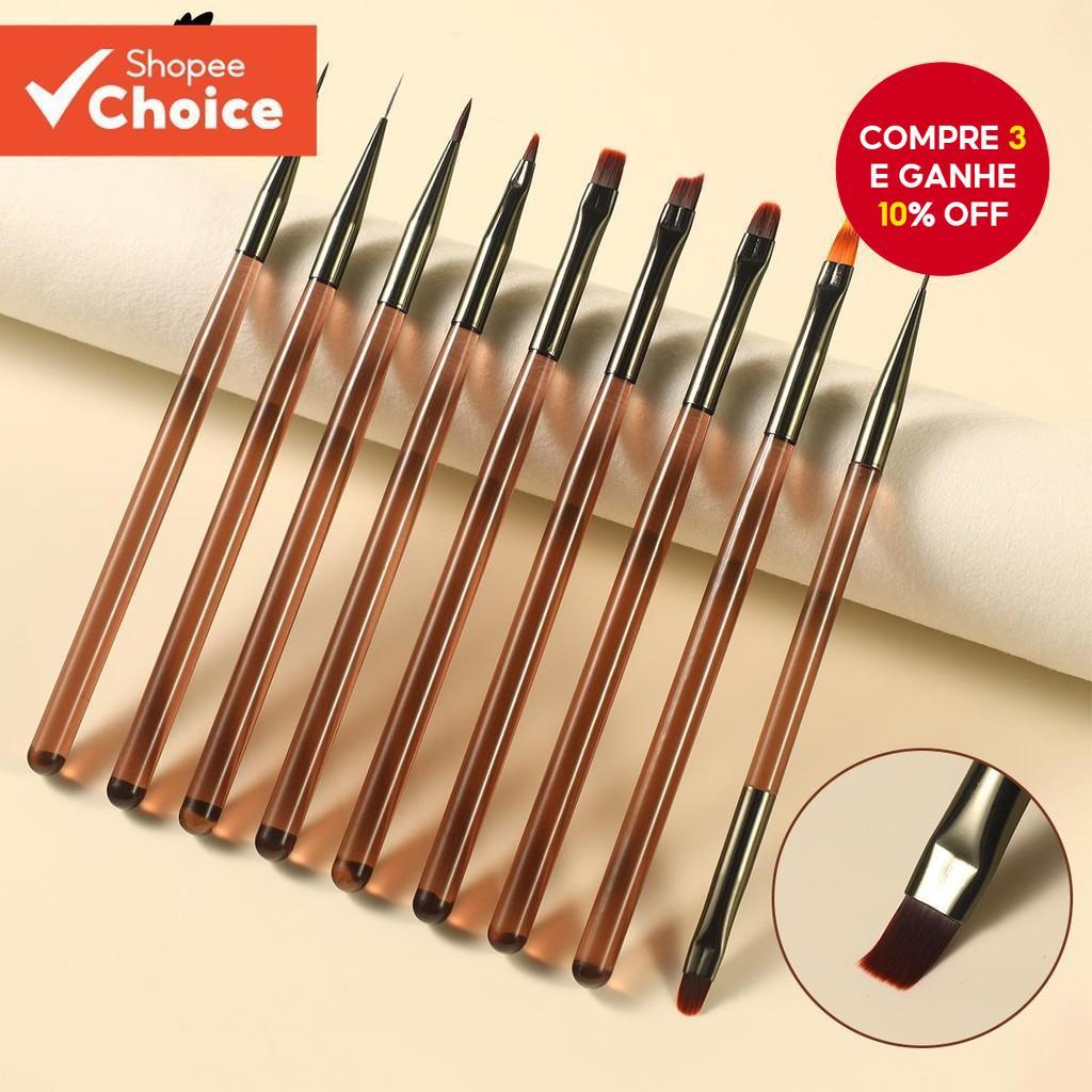 9 Unidades Monja Nail Art Liner Flores Caneta De Desenho Pincel Francês UV Gel Pintura Ferramentas De Cabo Marrom Transp em Oferta na Shopee