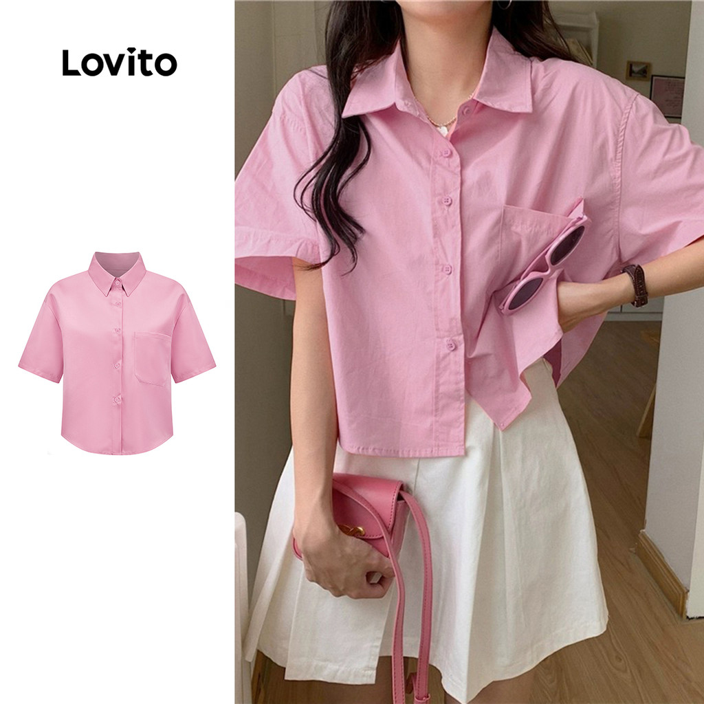 Lovito Blusa Casual Blusa Lisa Com Bolso E Botão Para Mulheres L79AD006 (Multicolorido) em Oferta na Shopee
