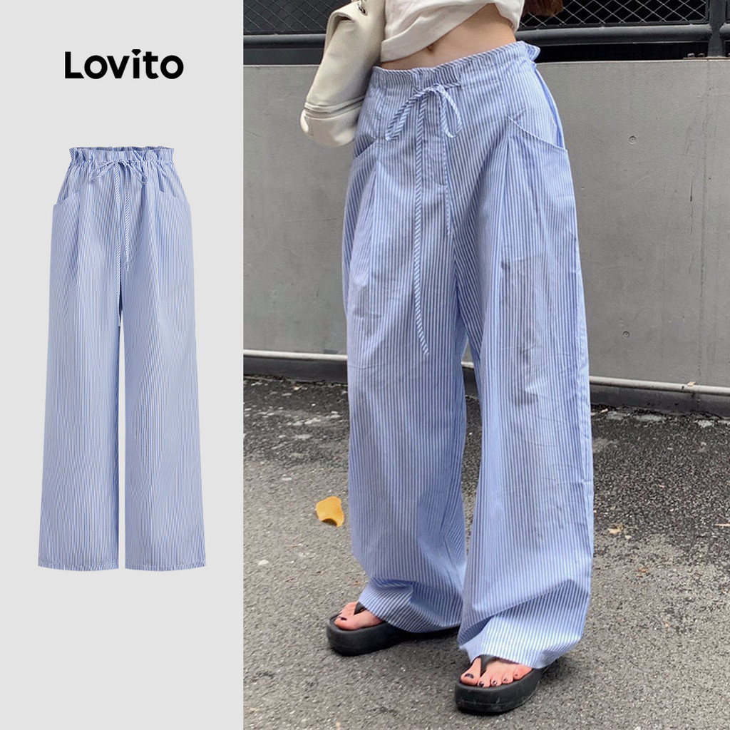 Lovito Calça Casual Listrada Com Cordão Verão/Primavera Para Mulheres L125AD017 em Oferta na Shopee