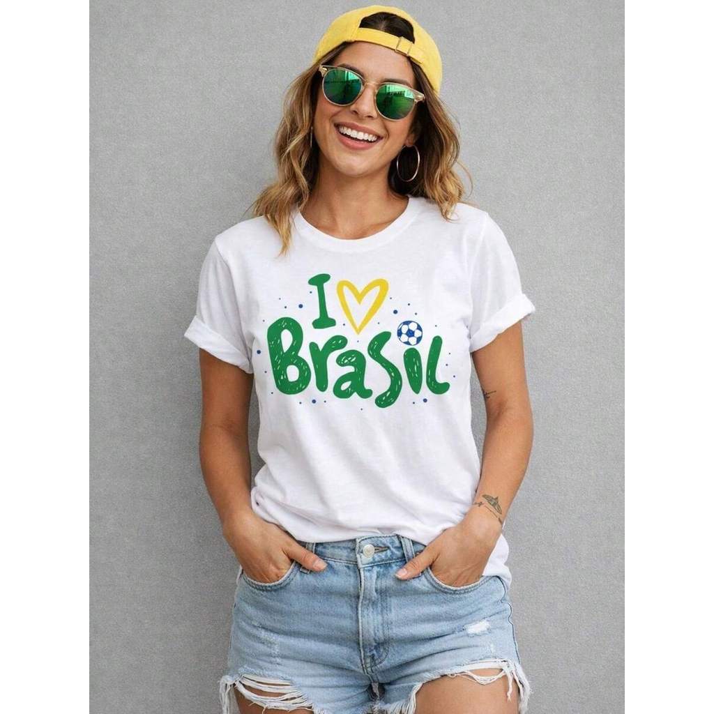 Camiseta Blusa Copa do Mundo Feminina Brasil I LOVE BRASIL Seleção Brasileira 100% algodão Unissex Futebol Estampada