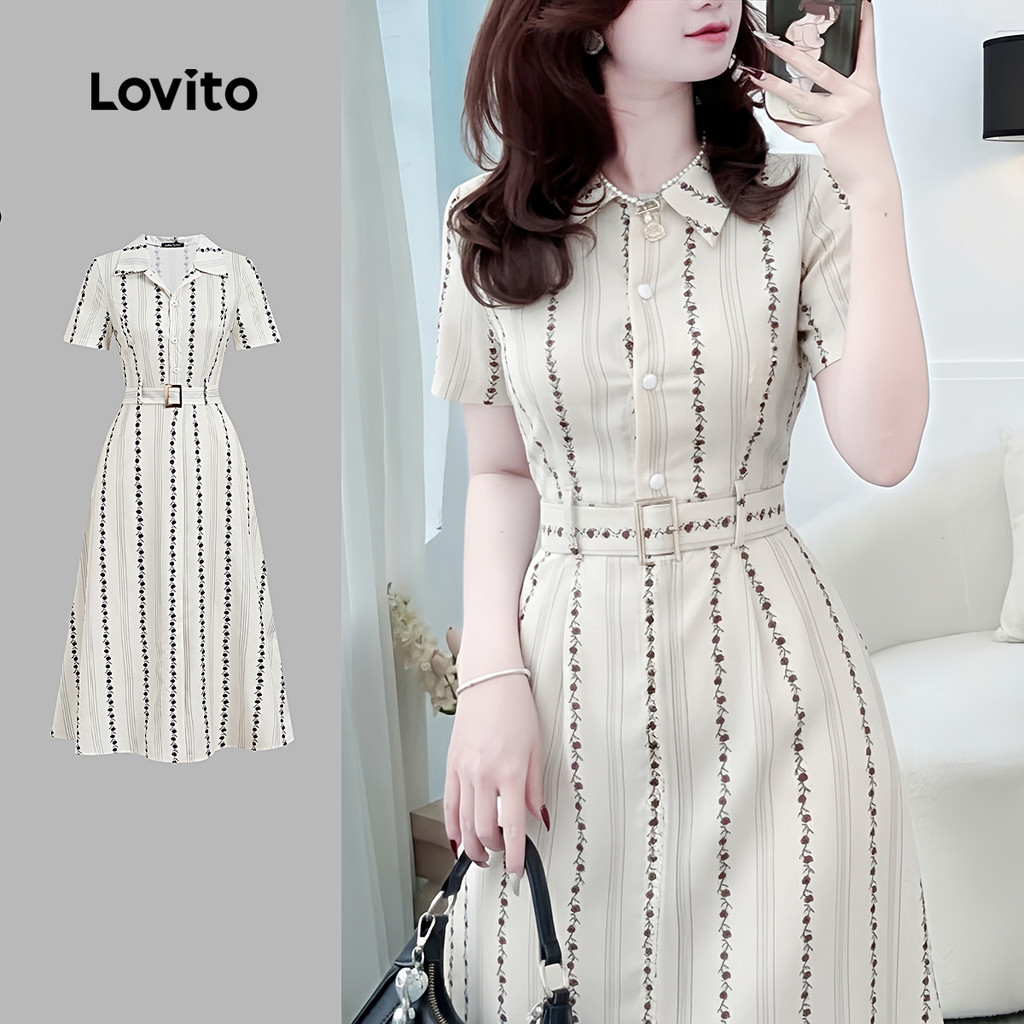 Lovito  Vestido Elegante com Cinto Botões Na Frente para Primavera/verão Cor Caqui para Mulheres. L171ED992 em Oferta na Shopee