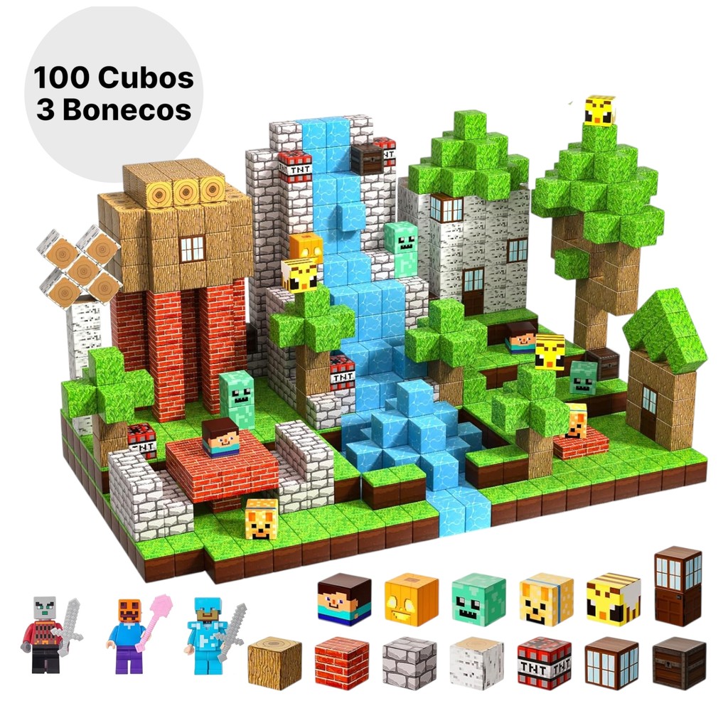 Kit Cubos Magnéticos Construção 100 Peças Blocos Tipo Mine World Infantil em Oferta na Shopee