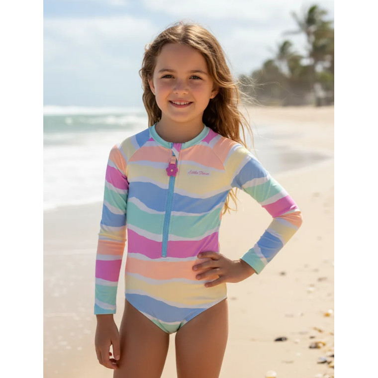 Maio Infantil Manga Longa Listra Flor Ziper Proteção Meninas