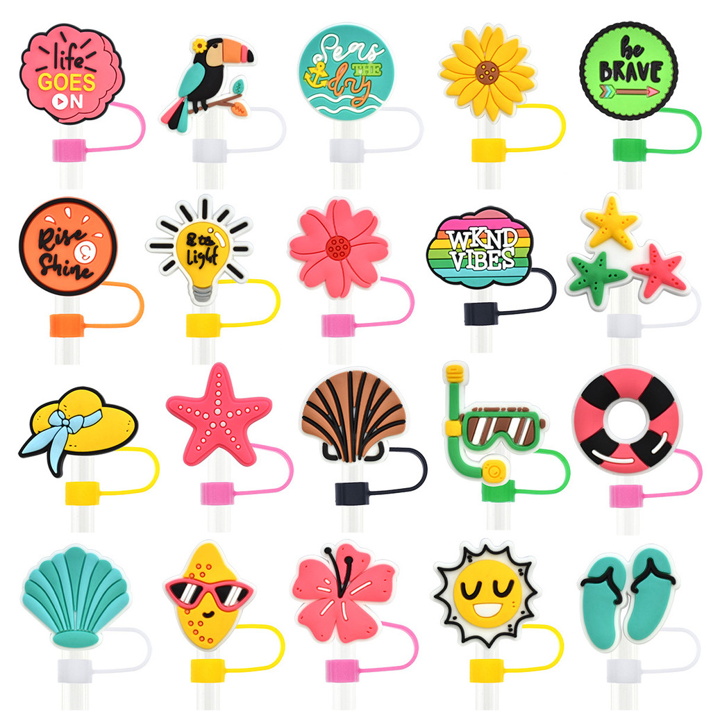 Protetor Tampa De Canudo 10mm Verão Praia Tropical Silicone Anti-poeira p/ Copo Térmico