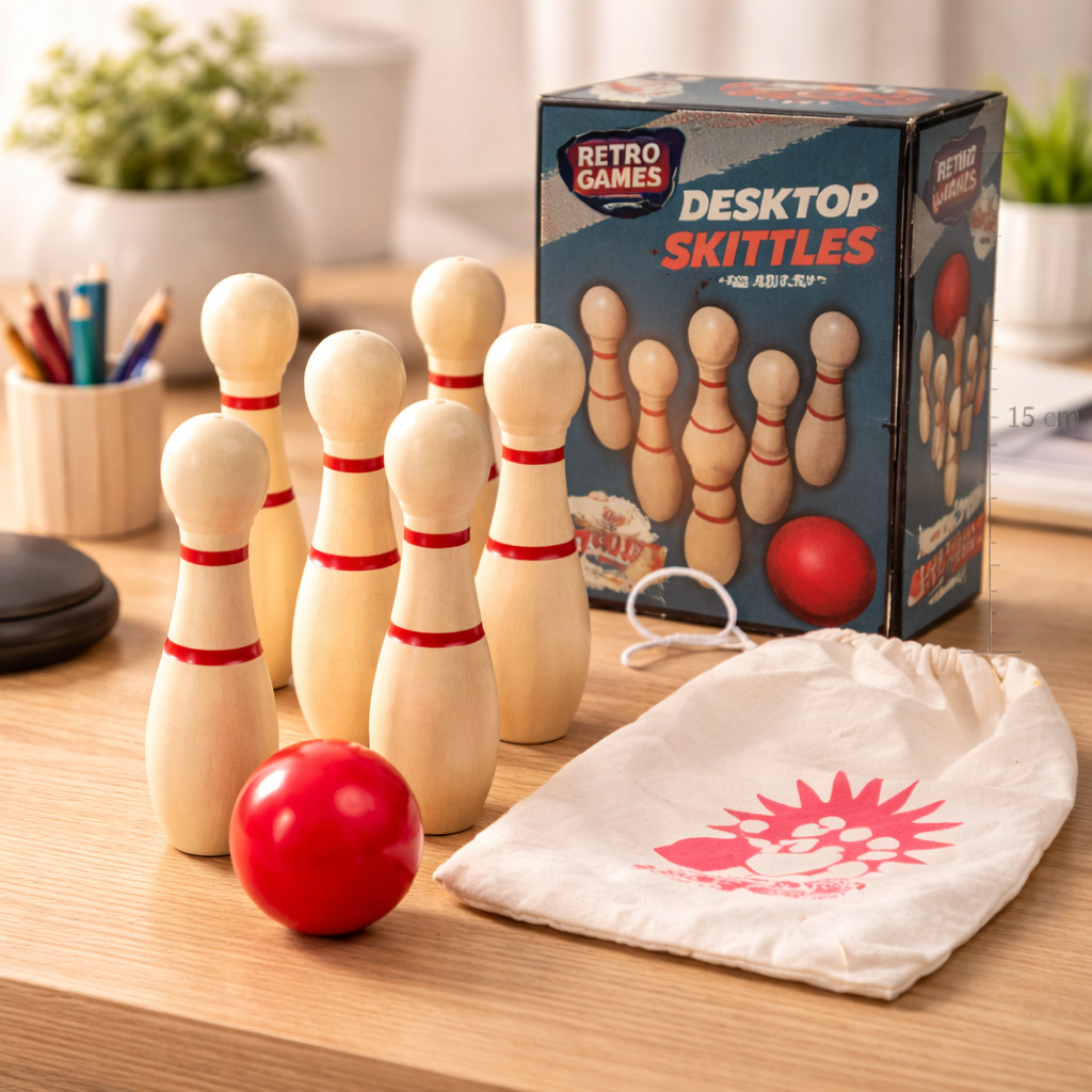 Jogo Mini Boliche d Mesa 6 Pinos 15cm Madeira Bolinha Desktop Skittles Retro Games Infantil