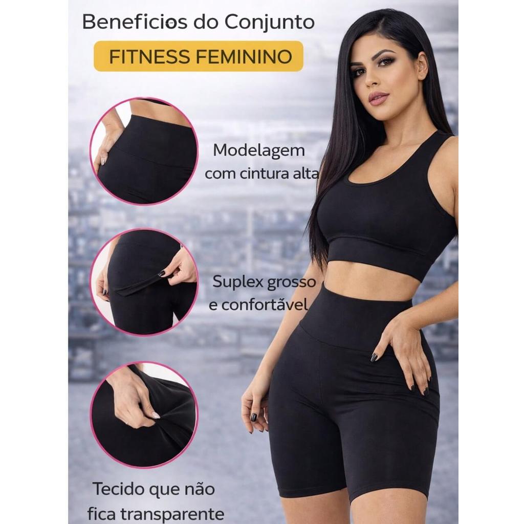 Conjunto Fitness Feminino Top + Bermuda Cintura Alta Suplex Grosso Não Transparente Modelador Academia