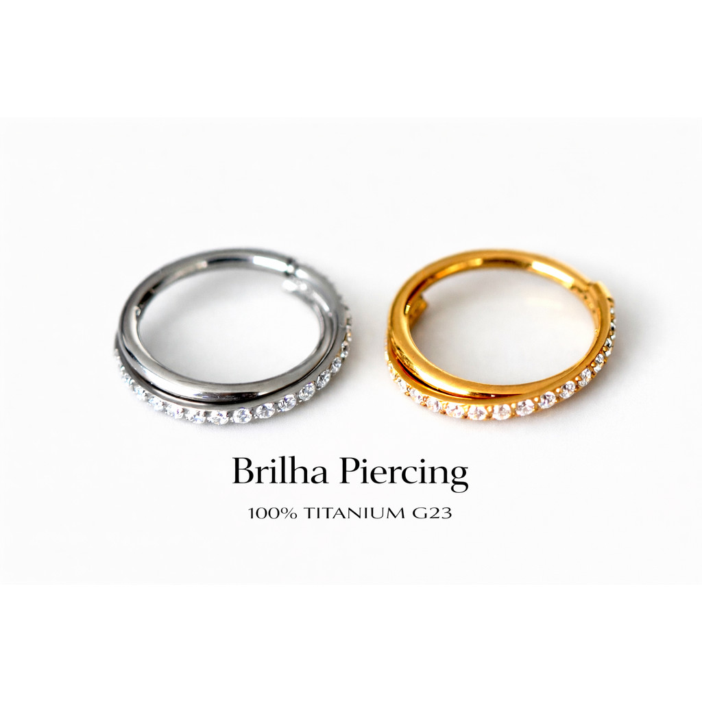 【Brilha】Piercing Clique DOUBLE ARCUS – Argola Dupla em Titânio G23 (design arquitetônico, meia pavê, antialérgico)